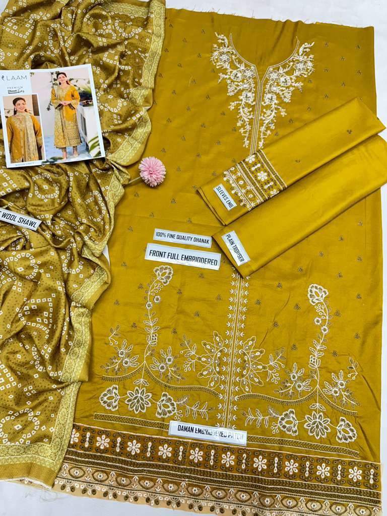 Dhanak Hit Codes – Heavy Embroidered 3-Piece Suit with Wool Shawl