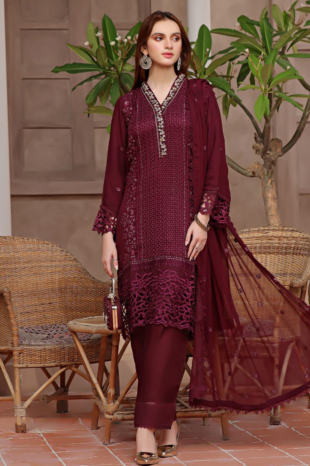CRIMSON | Luxury Chiffon Embroidered 3PC