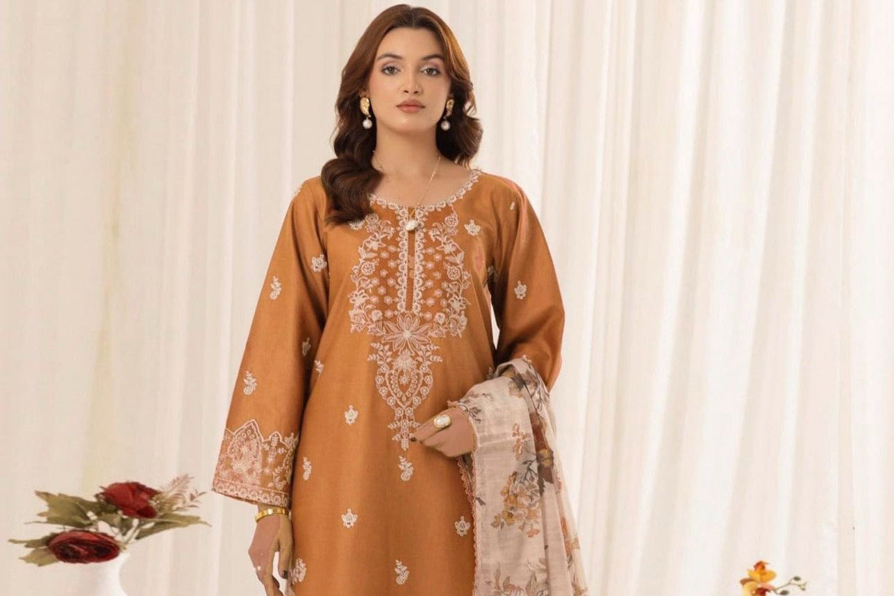 MOHAGNI Premium Dhanak – Embroidered 3-Piece with Digital Wool Shawl