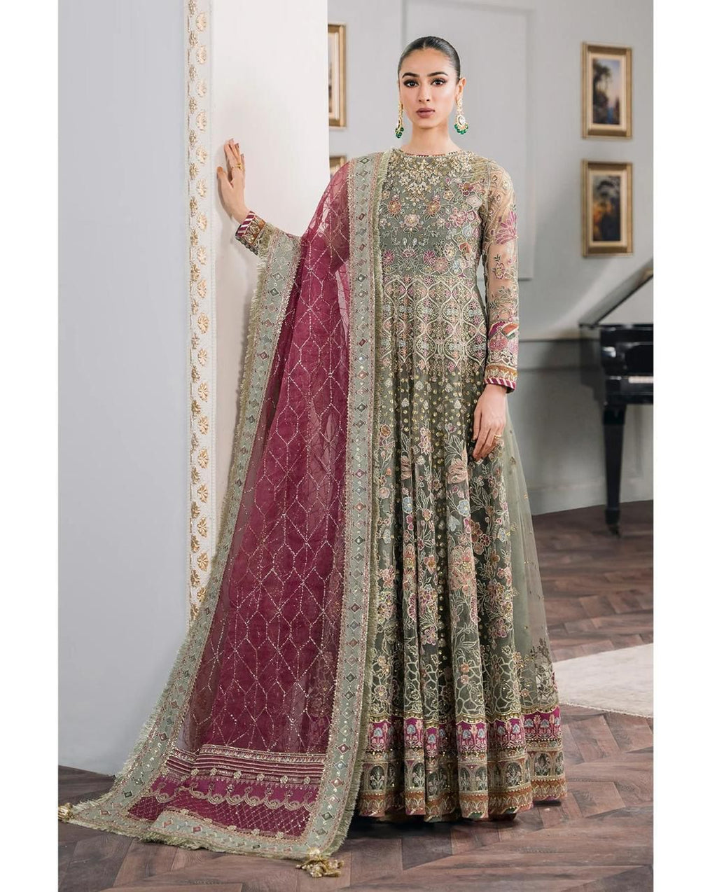 Baroque Luxury Net Wedding Suit with Heavy Sequins & Organza Dupatta (C-258)