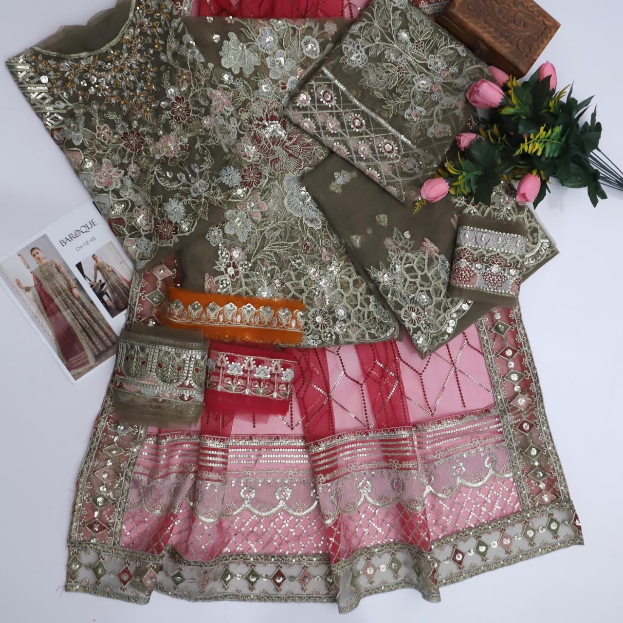 Baroque Luxury Net Wedding Suit with Heavy Sequins & Organza Dupatta (C-258)