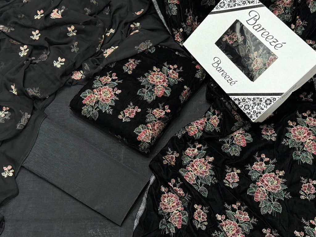 Bareeze 3PC Casual Winter Suit with Velvet Embroidery & Chiffon Dupatta – Code 7188