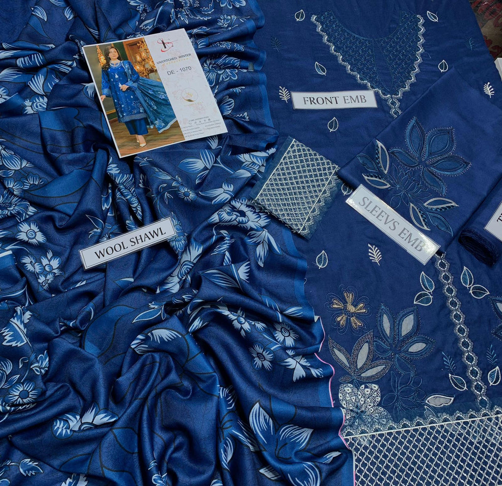 SHE EDGE 7027 Dhanak 3PC Heavy Embroidered Winter Suit with Wool Shawl