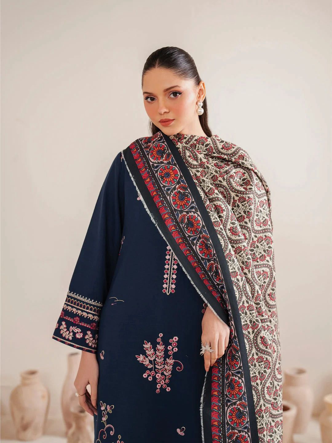Dhanak Hit Code Airjet 3PC Embroidered Winter Suit with Printed Shawl