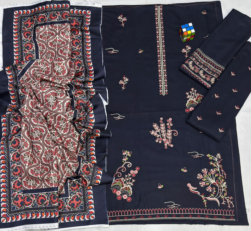 Dhanak Hit Code Airjet 3PC Embroidered Winter Suit with Printed Shawl