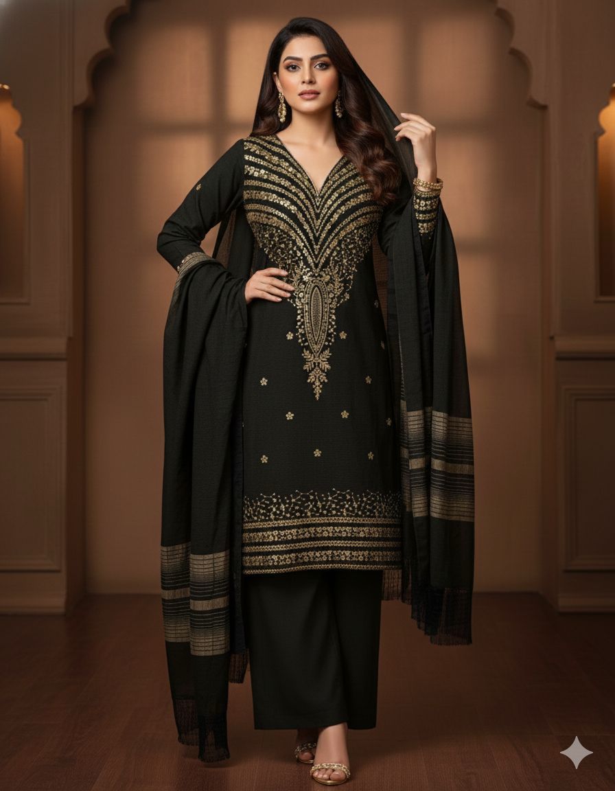 Winter Collection 2025 Khaadi Khadar 3PC Suit with Jacquard Velvet Shawl