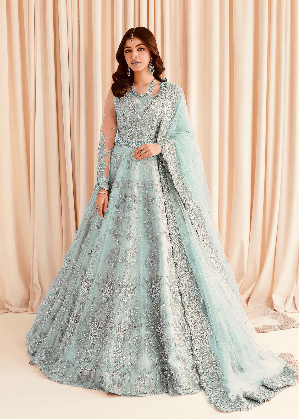 Luxury Net Frock with Satin Silk Trouser & Heavy Embroidery