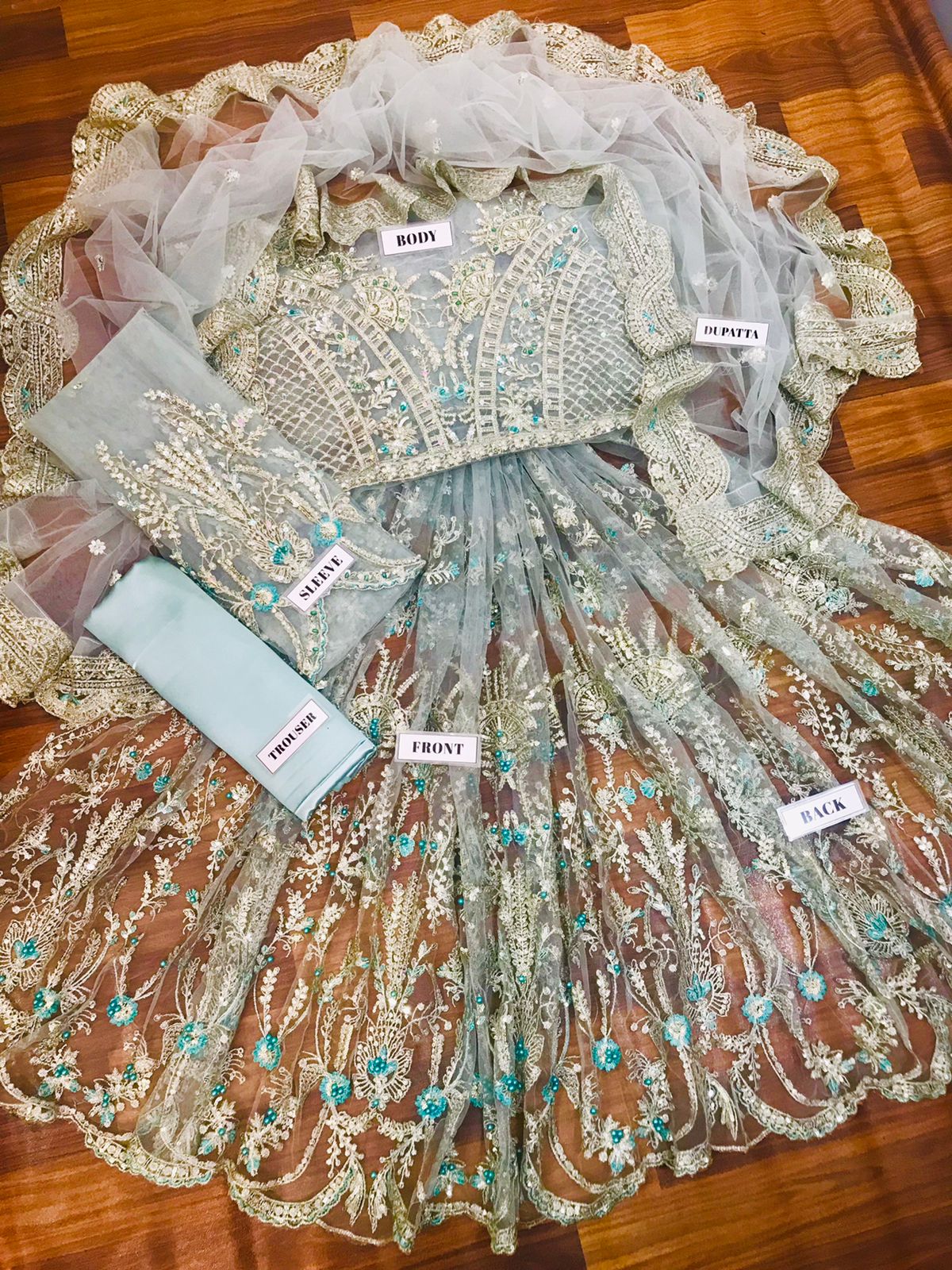 Luxury Net Frock with Satin Silk Trouser & Heavy Embroidery