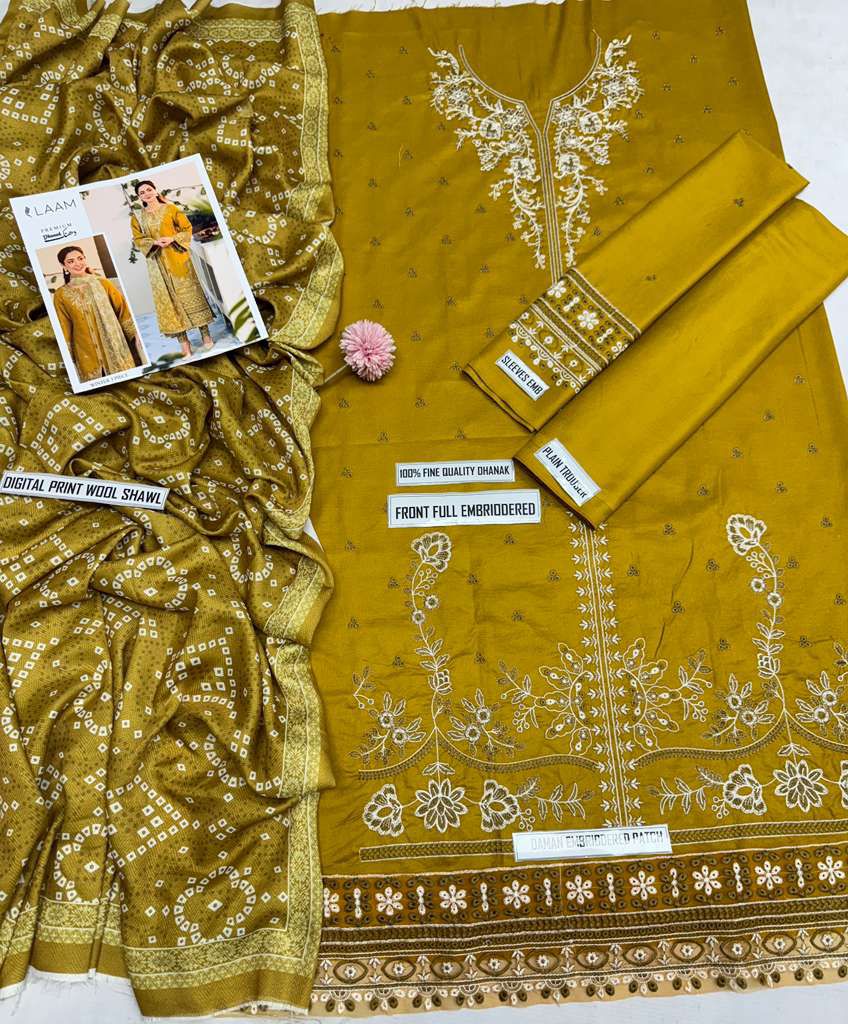 Dhanak Hit Codes – Heavy Embroidered 3-Piece Suit with Wool Shawl
