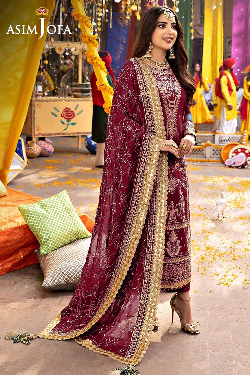 Asim Jofa | Fancy Chiffon Embroidered 3PC with Malai Trouser