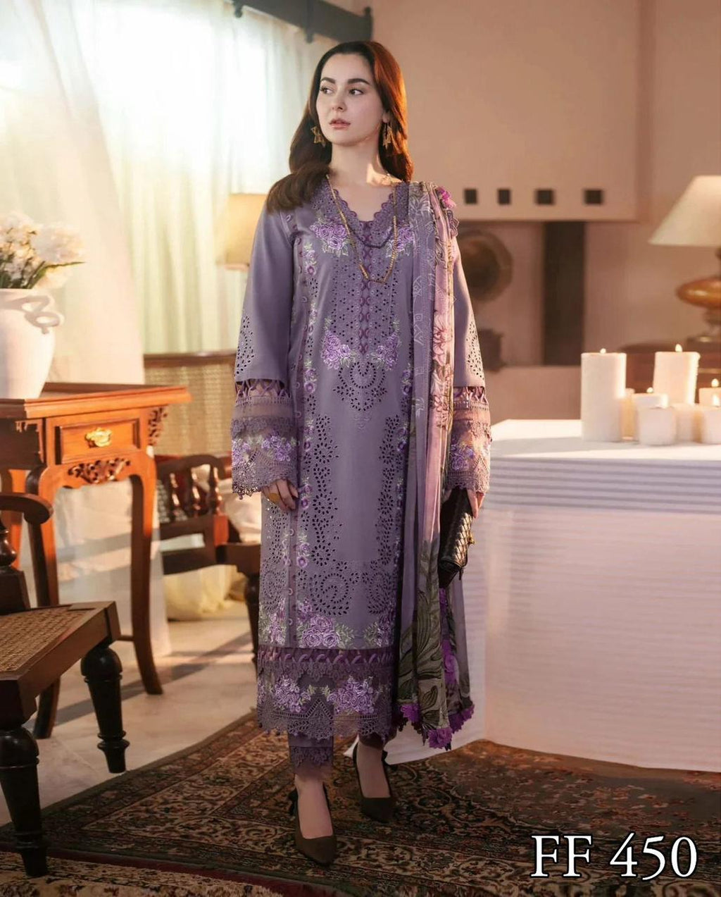 Premium Air Jet Dhanak 3PC Suit Heavy Chikankari & Cutwork Detailing