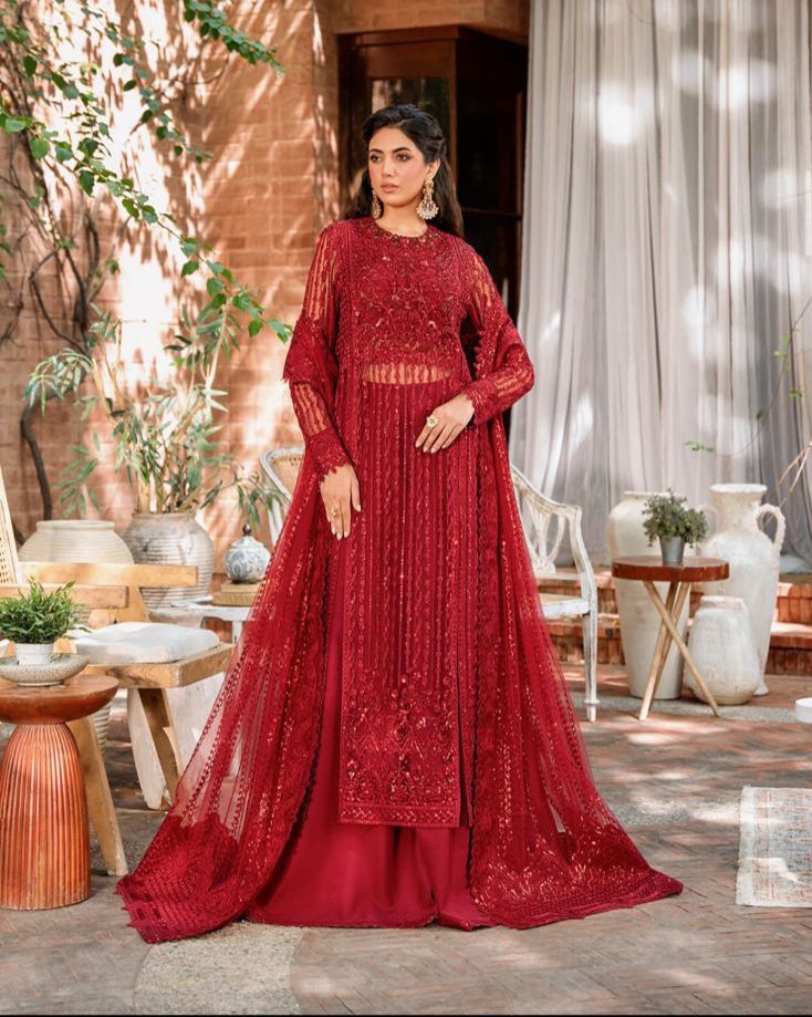 Akber Aslam Replica | Luxury Red Net Suit | Heavy Handwork & Sequins