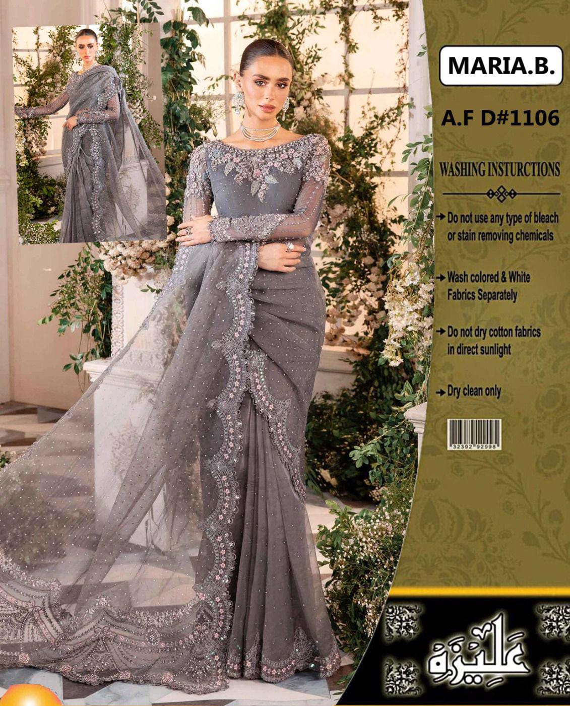 Maria B Exclusive Net Saree – Heavy Embroidered with Adda Work | 2024