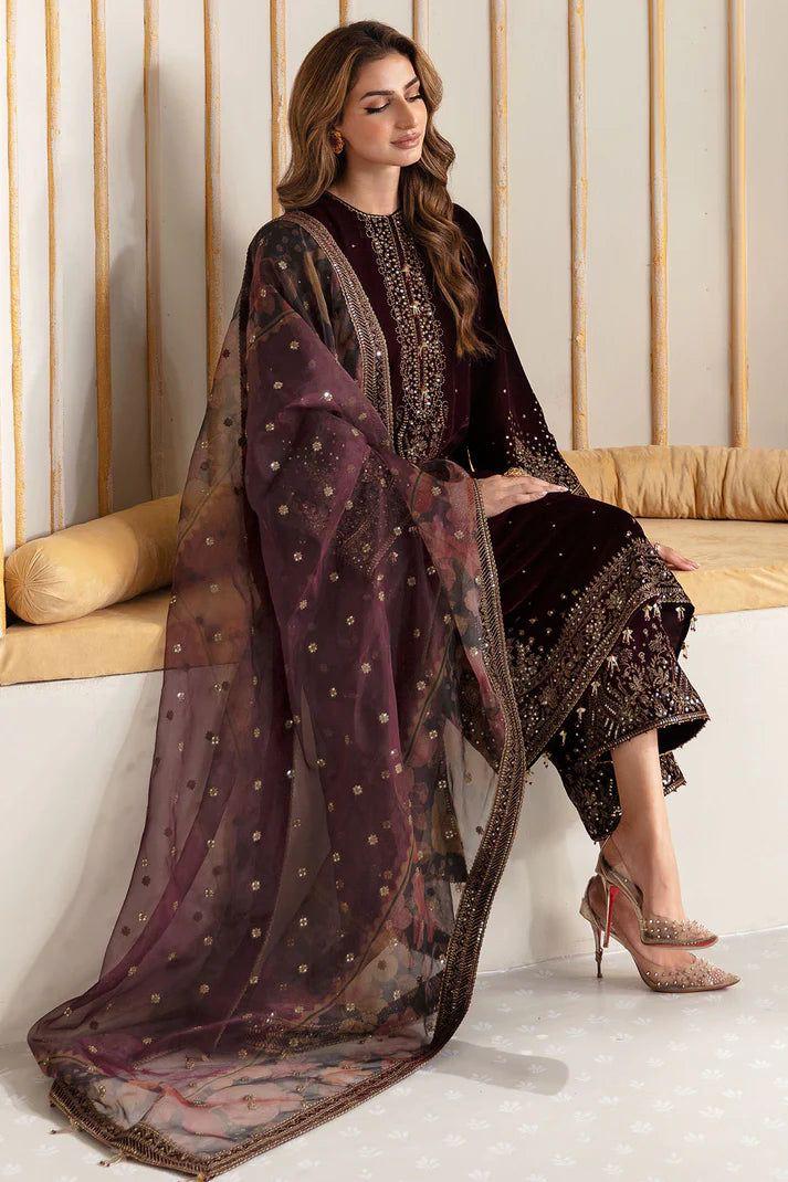 Jazmine | Velvet Embroidered 3PC with Organza Dupatta