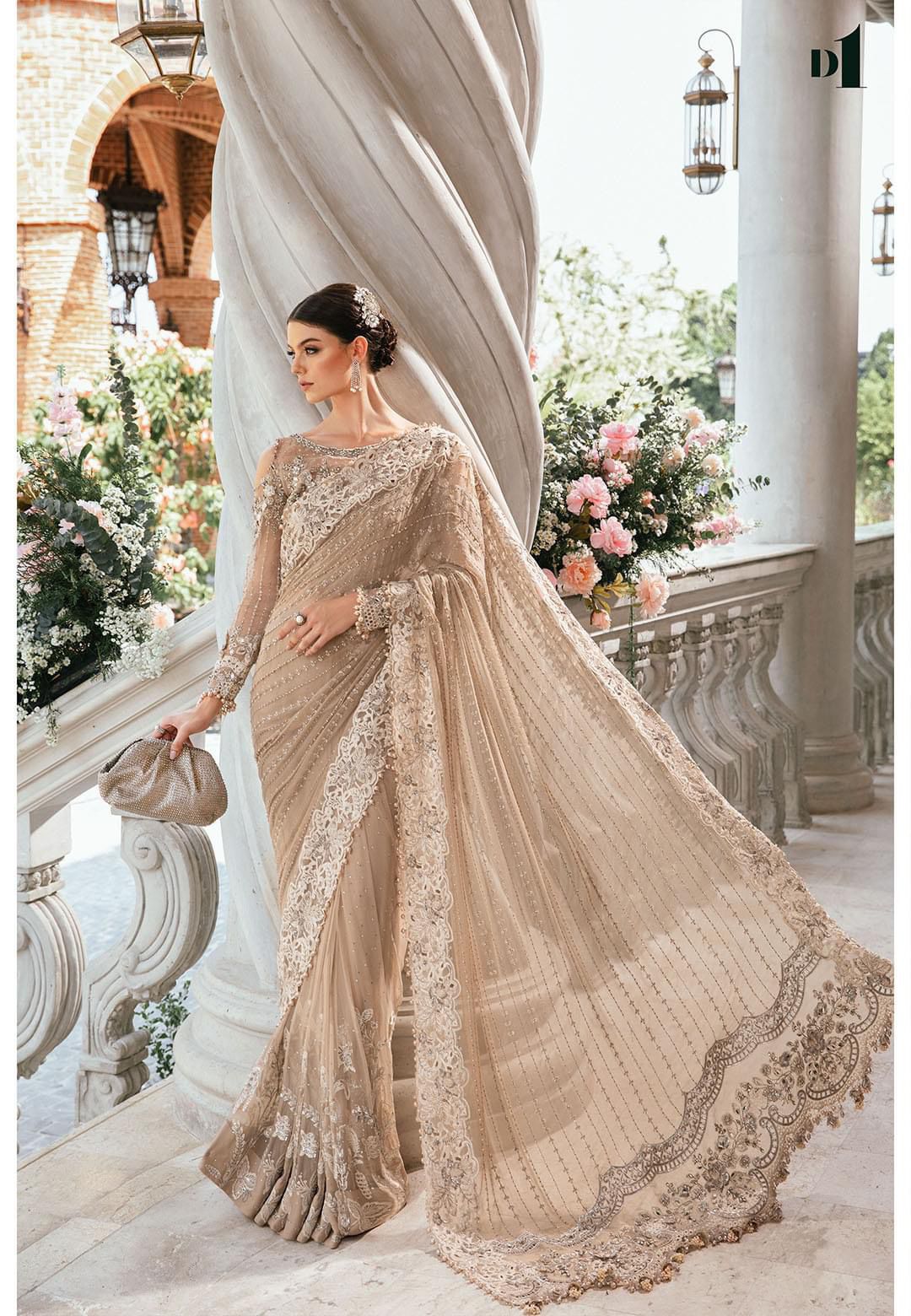Maria B Exclusive Net Saree – Heavy Embroidered with Adda Work | 2024
